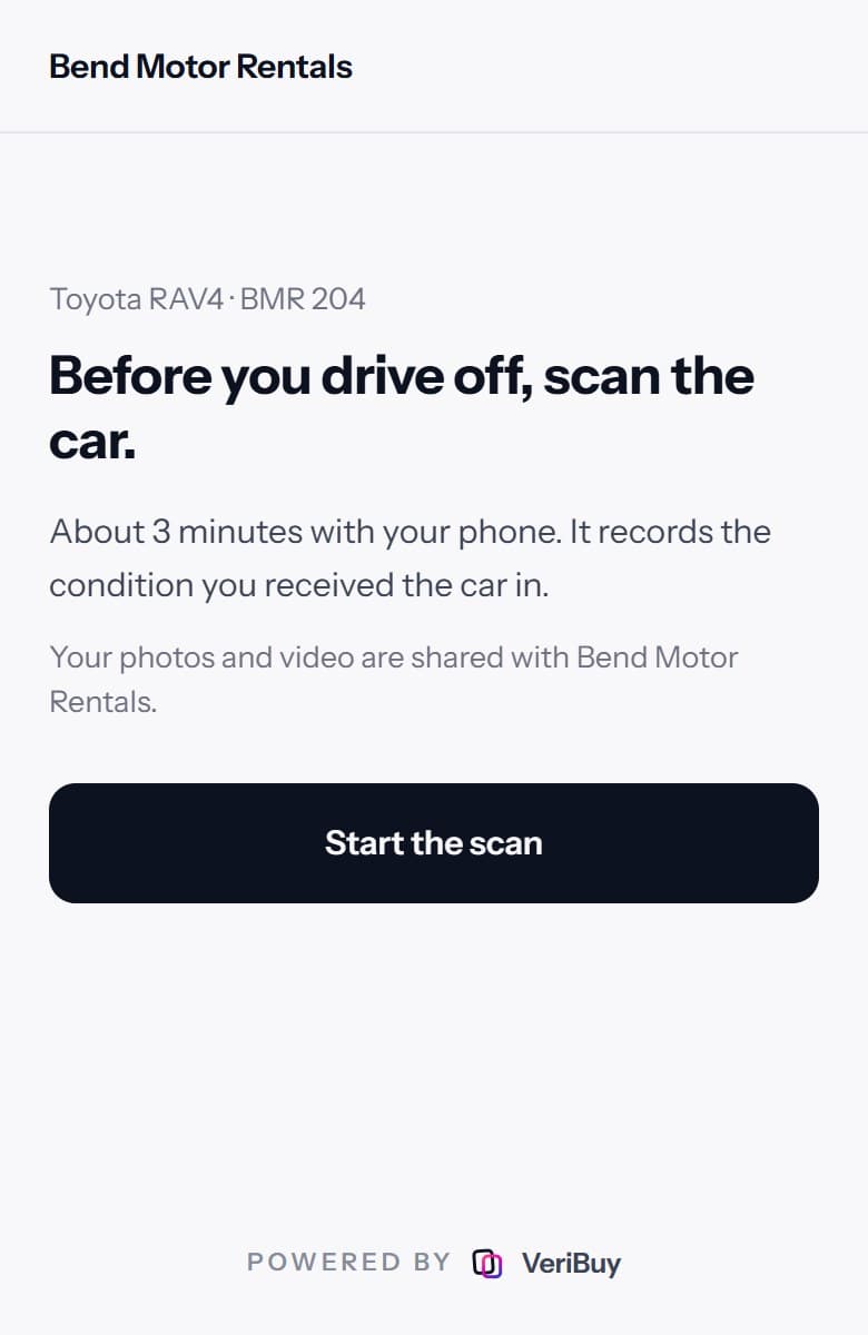 The renter's phone: the welcome screen before the guided scan, carrying the rental company's name