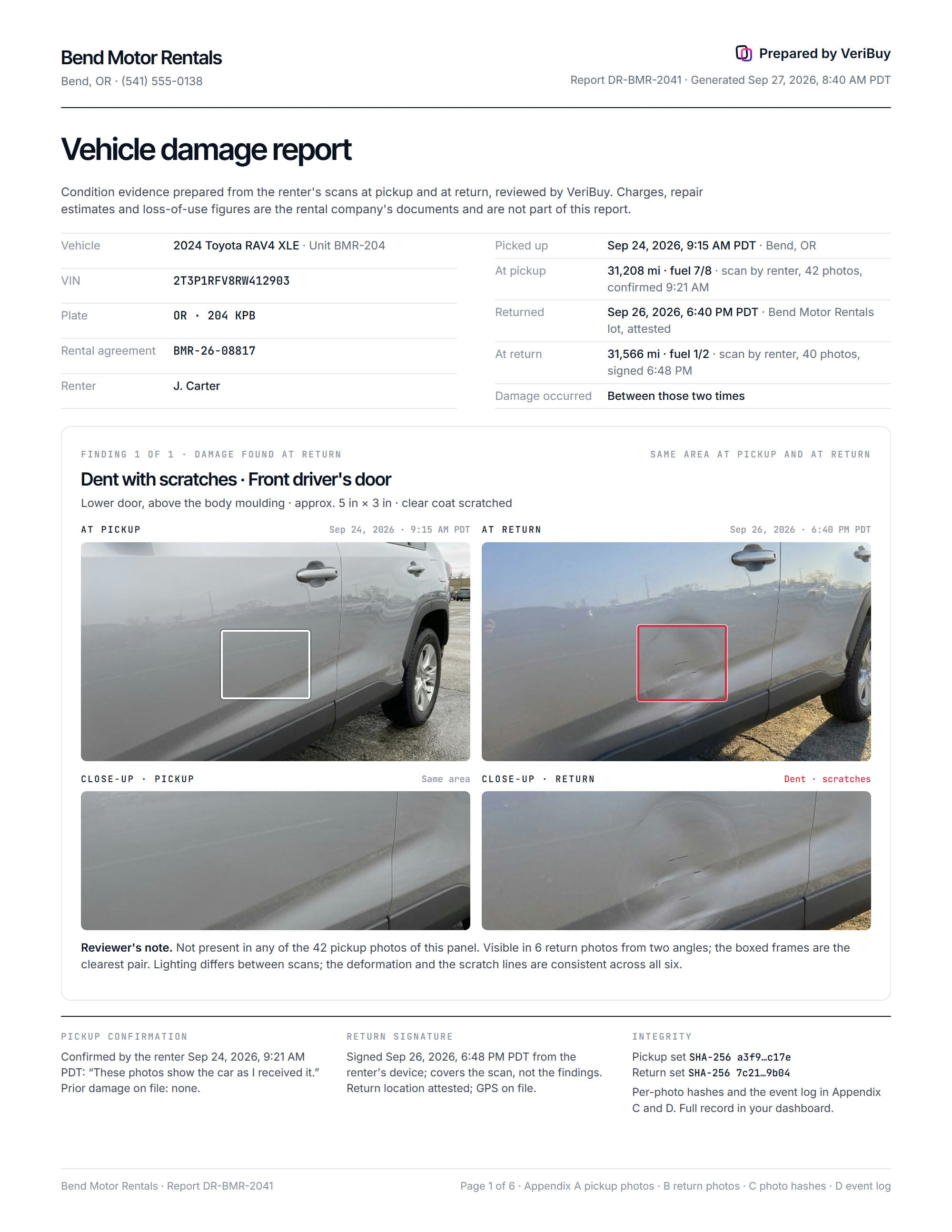The first page of a damage report: vehicle, rental agreement, pickup and return facts, the finding with its pickup and return pair, the renter's confirmation and signature, photo hashes